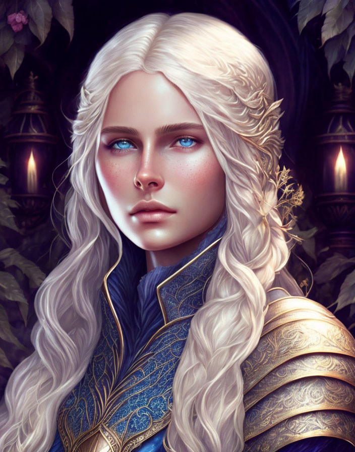 Fantasy woman portrait with pale skin and blue eyes in blue and gold armor