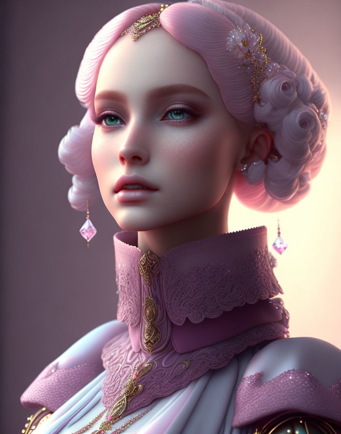 Detailed depiction of woman with pastel purple hair in elegant attire