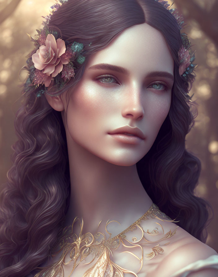 Woman with Floral Crown and Golden Shoulder Jewelry in Ethereal Portrait