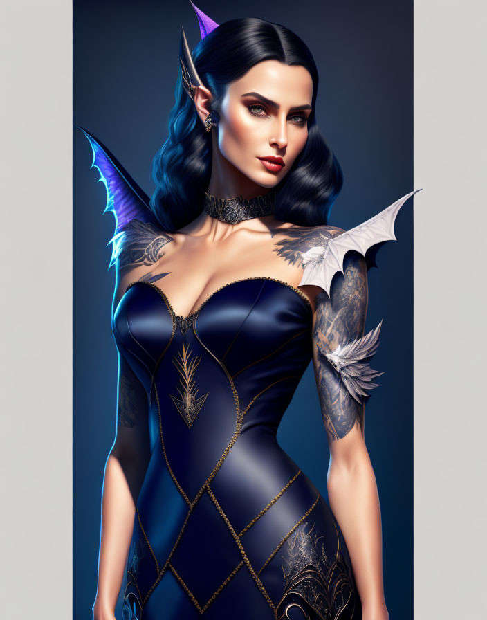 Fantasy illustration of a woman with pointed ears, bat-like wings, dark attire, gold accents,