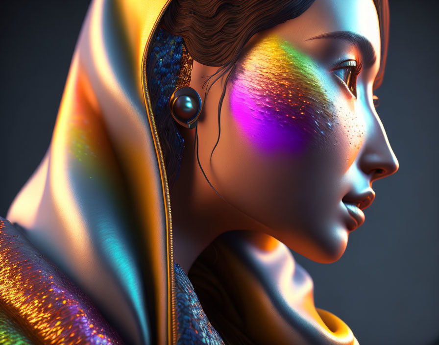 Colorful lighting on woman in hood with iridescent texture