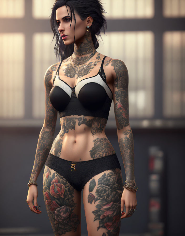 3D-rendered woman with black hair, tattoos, in black lingerie, urban backdrop