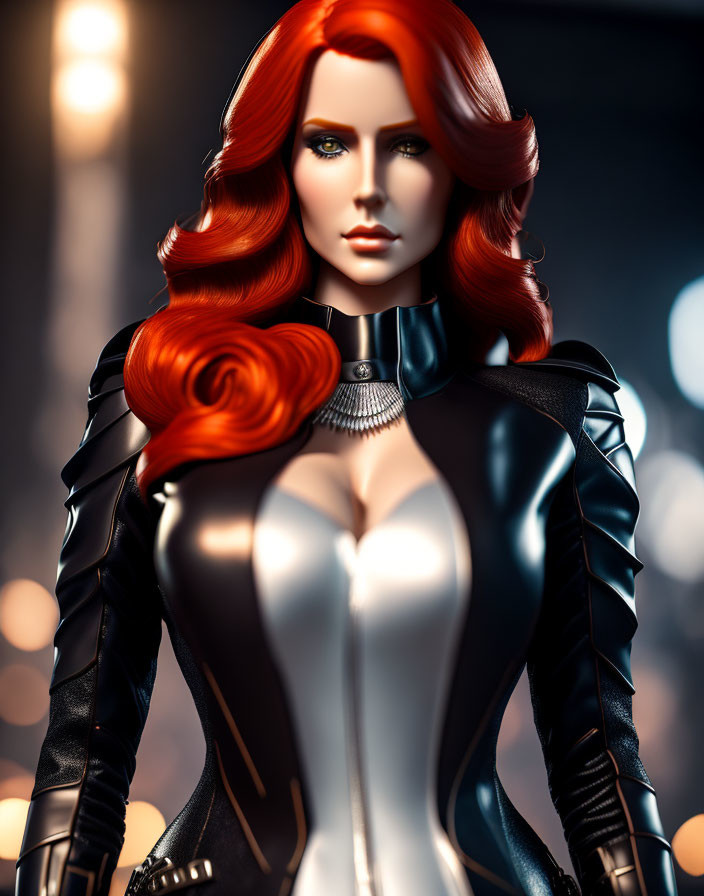 Vibrant red-haired female character in black and white bodysuit against blurred backdrop