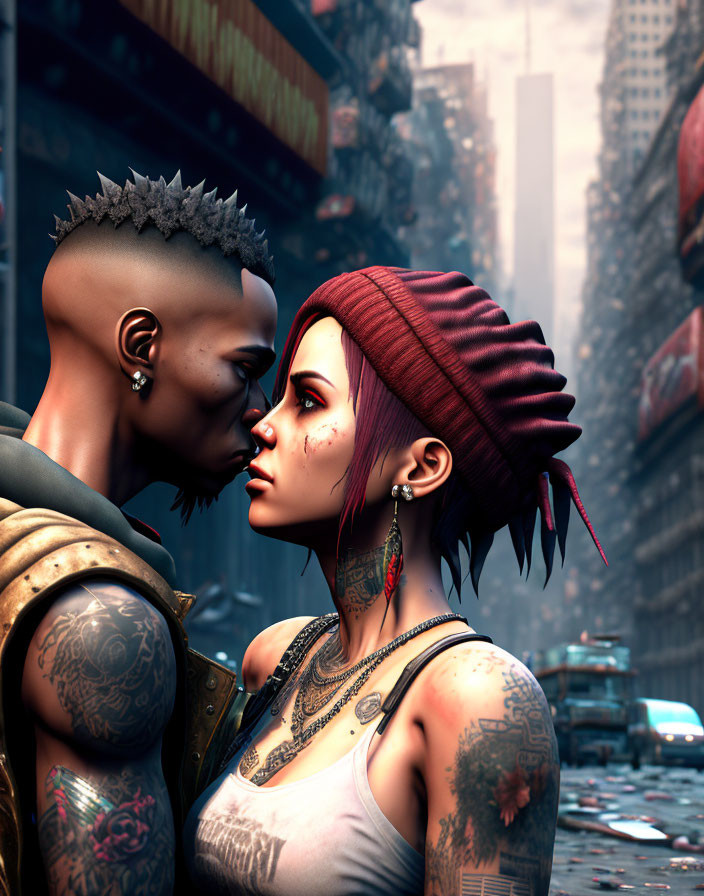 Stylized characters with tattoos and edgy hairstyles in dystopian city setting