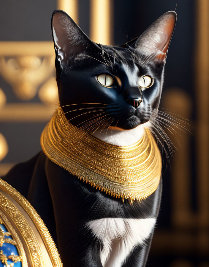 Regal Black Cat with Yellow Eyes and Golden Necklaces on Luxurious Backdrop