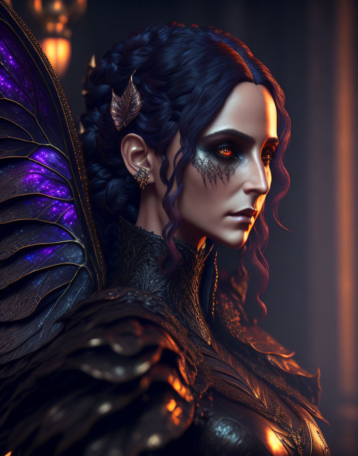 Woman with intricate makeup and braided hair, wearing leaf earring, iridescent wings, against