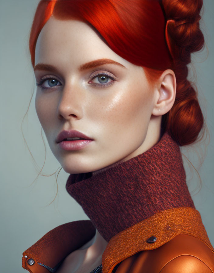 Striking red hair and green eyes woman in rust-colored attire