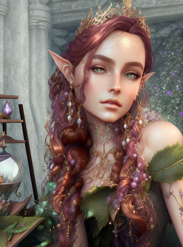 Fantasy elf with purple hair and crown in gold jewelry on floral backdrop