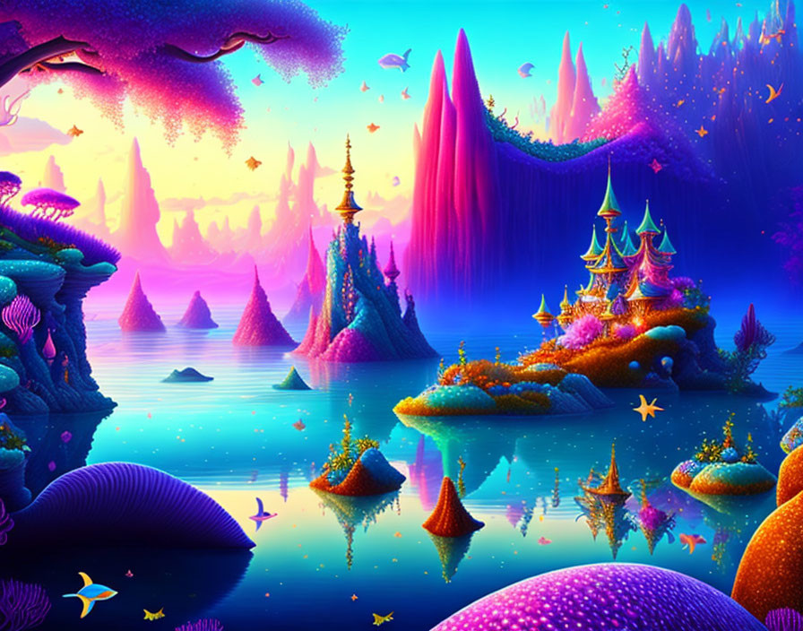 Colorful Fantasy Landscape with Whimsical Islands & Exotic Flora