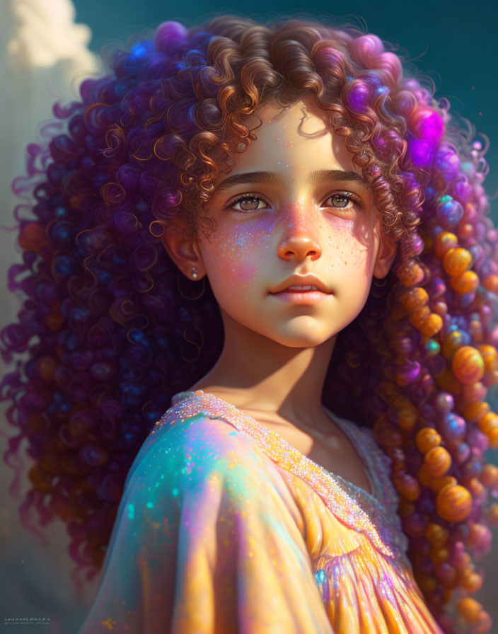 Voluminous curly hair girl portrait in purple and orange with freckles