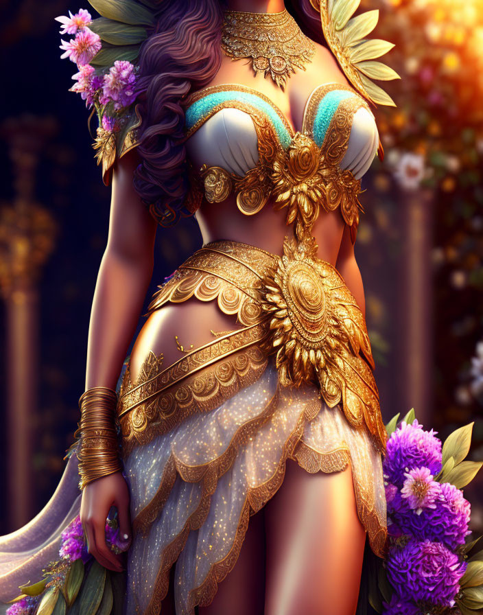 Fantasy-themed female character with golden jewelry in floral setting