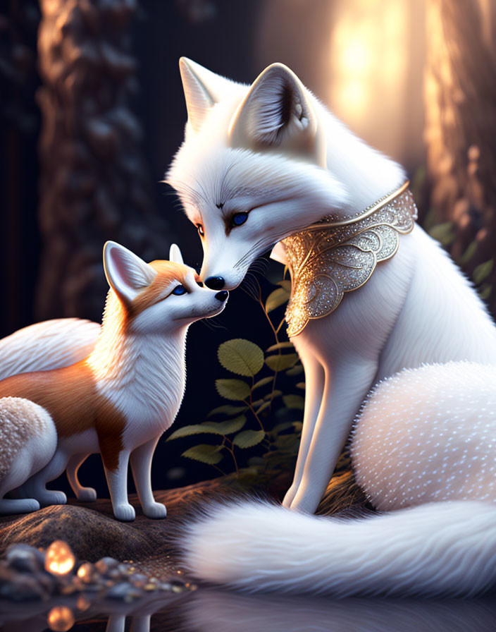 Stylized anthropomorphic foxes with white fur in mystical forest