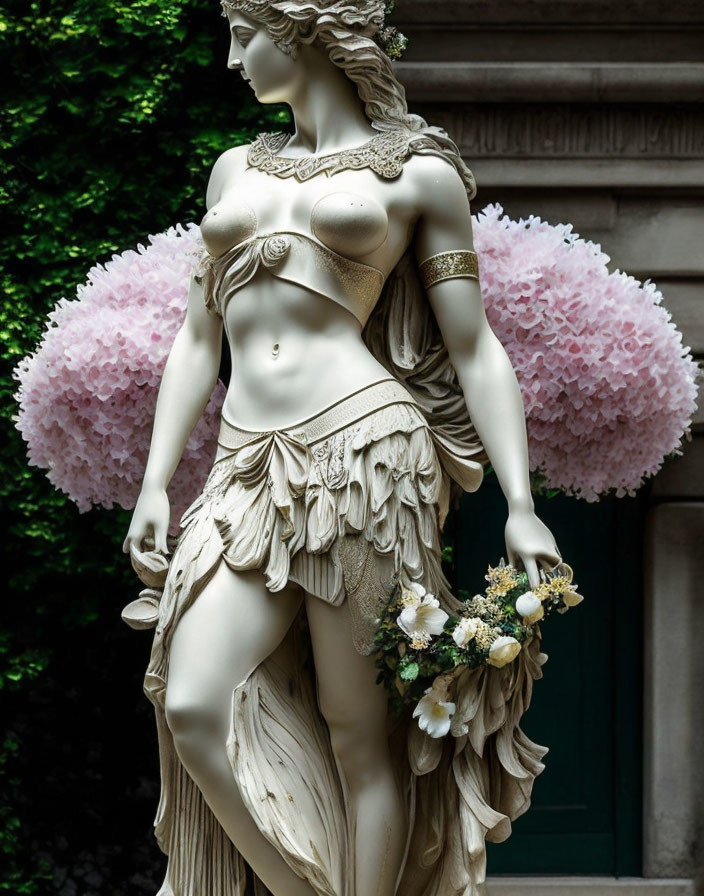 Classical woman statue with flowing garments and flowers in vibrant pink setting