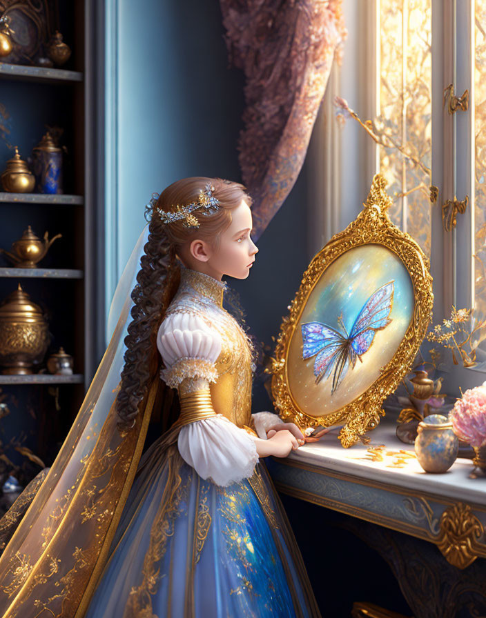 Digital artwork: Young lady in renaissance dress with glowing butterfly in ornate frame by window