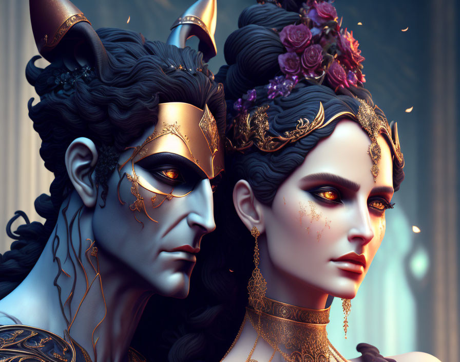 Fantastical couple with horns and golden masks in digital art