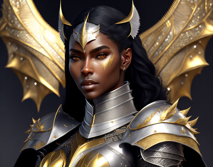 3D illustration: Black woman in gold-accented fantasy armor