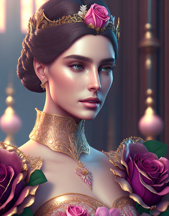 Regal woman with golden crown and pink roses, intricate necklace, luminous skin, glowing lantern backdrop