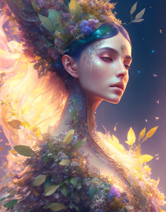 Fantasy portrait of woman with luminescent flowers, butterflies, and serene expression