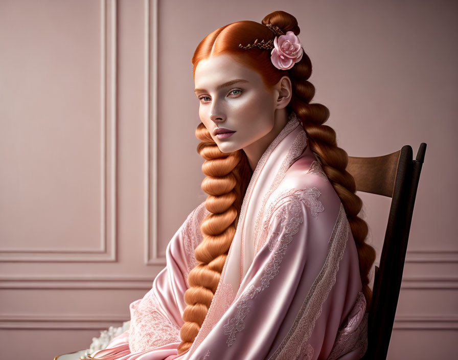 Woman with Long Braided Red Hair in Pink Outfit on Soft Pastel Background