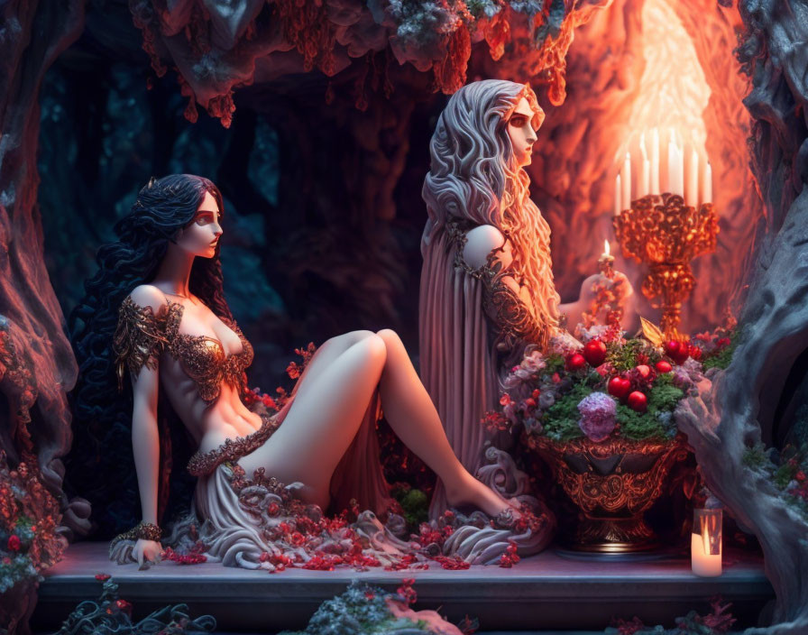 Fantasy women in enchanted cave with candlestick and vibrant flowers