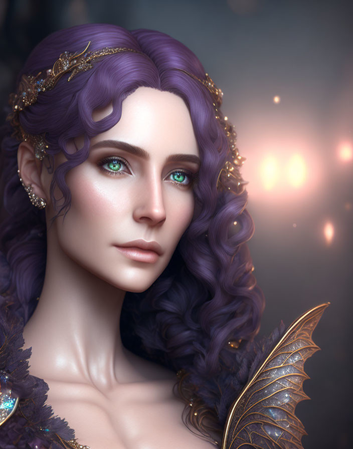 Vibrant digital portrait: woman with purple hair, green eyes, gold accessories on dark background