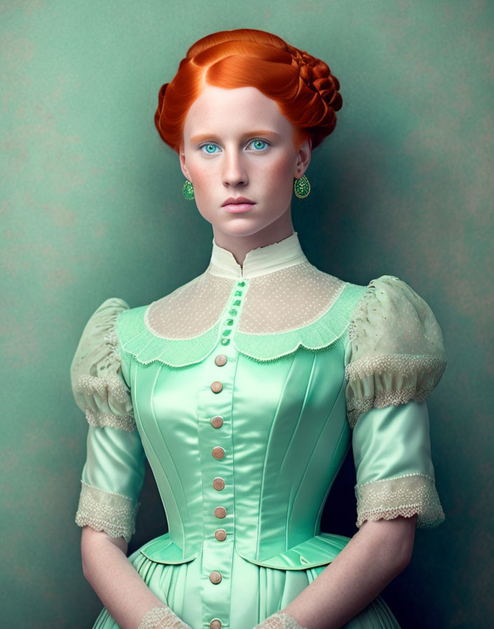 Red-haired woman in vintage pastel green dress with puff sleeves and lace detailing.