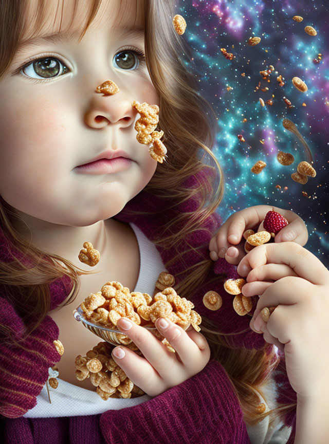 Young girl with wavy hair surrounded by floating cereal and strawberry in cosmic scene.