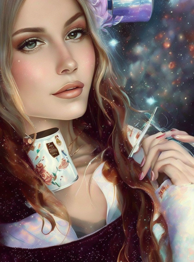 Digital artwork of woman with flowing hair holding teacup in celestial setting.