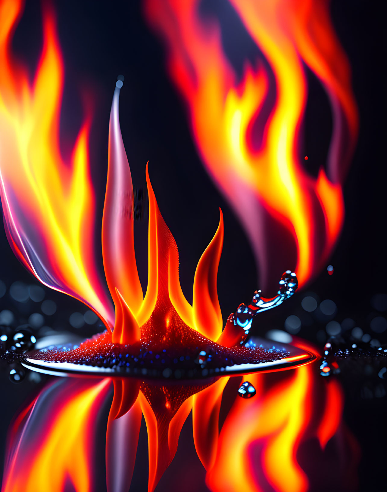 Vivid 3D illustration of flames and water beads contrast.