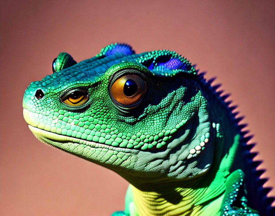 Vibrant green lizard with orange eyes and spiny ridge on pink background