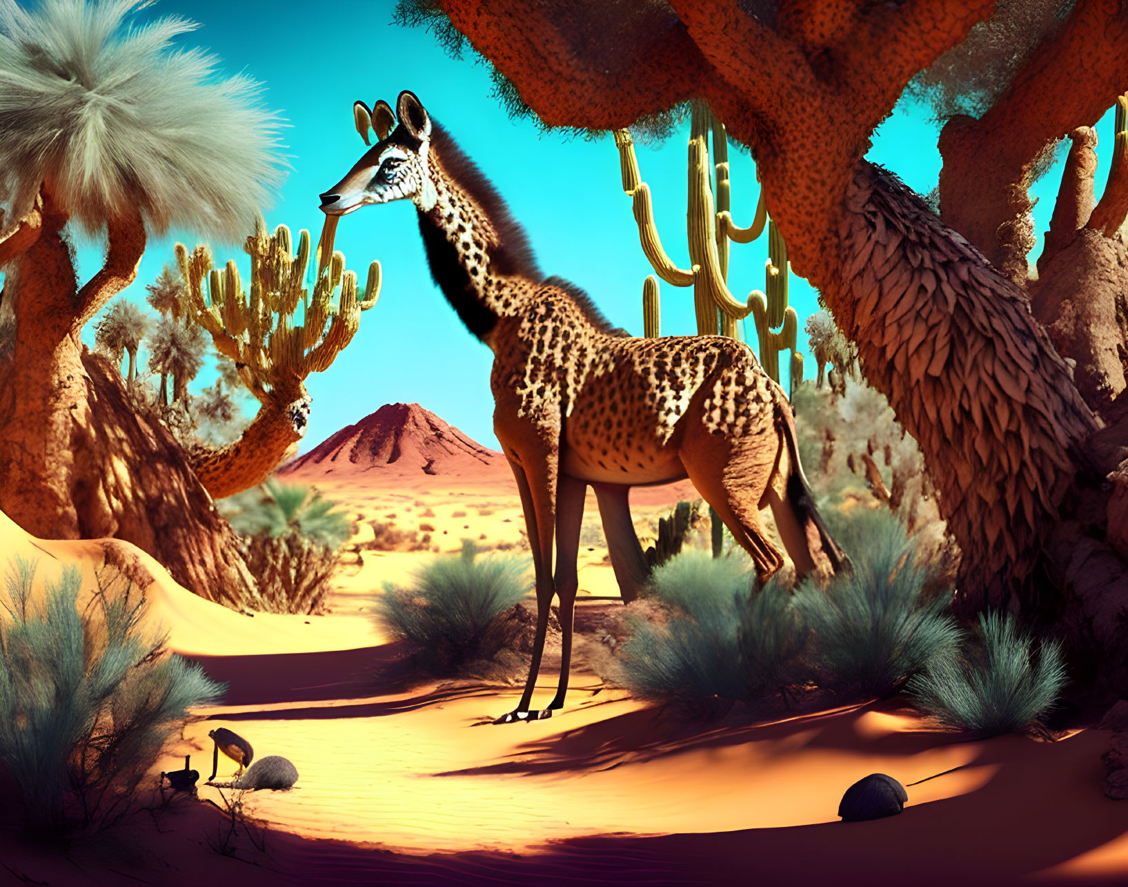 Giraffe in leopard print walking among cacti and Joshua trees in surreal desert landscape