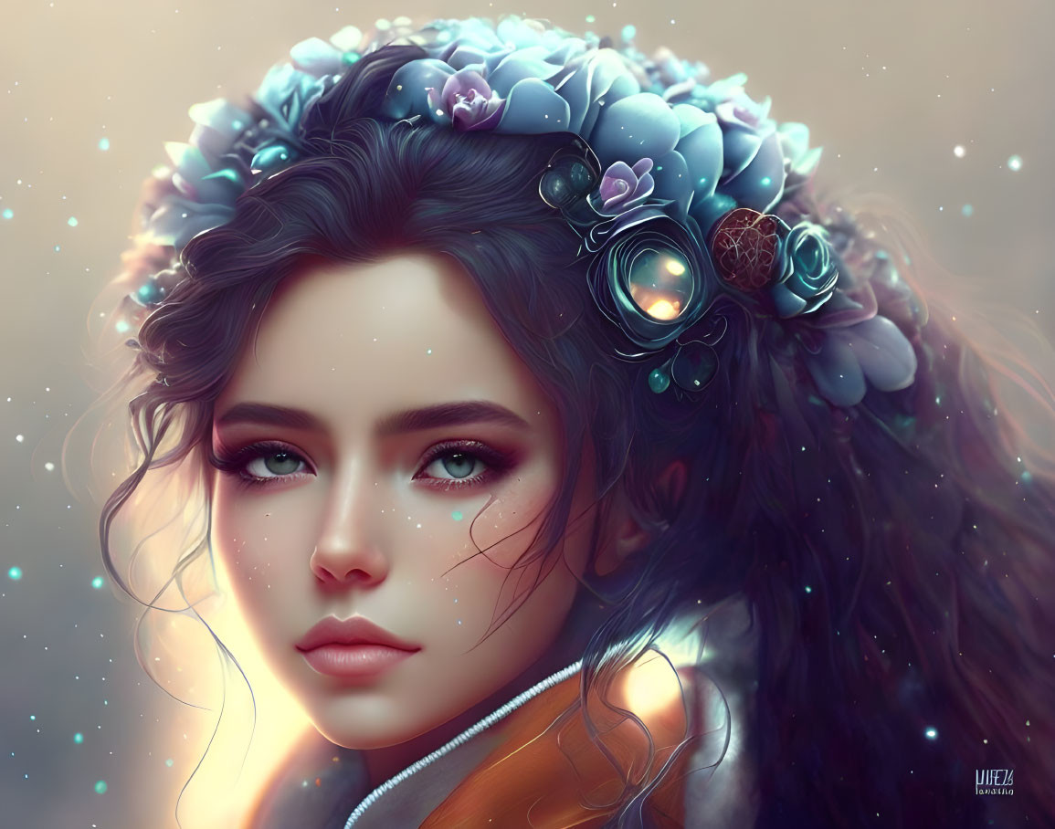 Digital artwork: Woman with floral crown, fantasy elements, glowing eye, ethereal lighting.