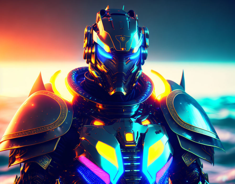 Futuristic armored robot with glowing neon accents at sunset