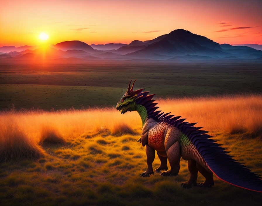 Colorful Dragon in Sunset Savanna with Mountains Background