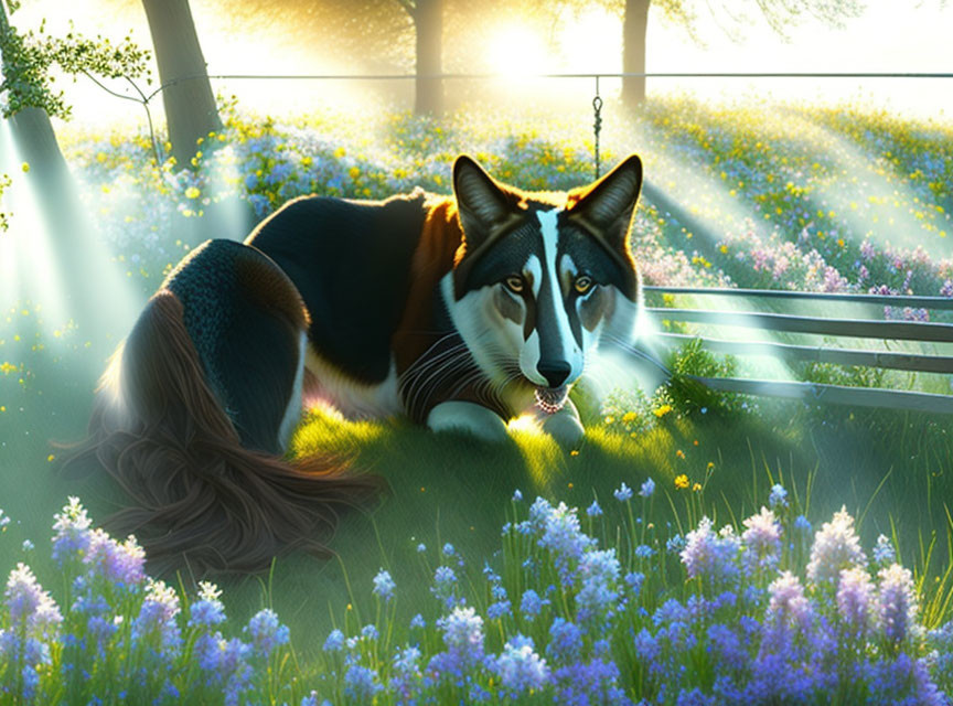 Blue-eyed Husky Resting in Flower Field with Bench & Trees