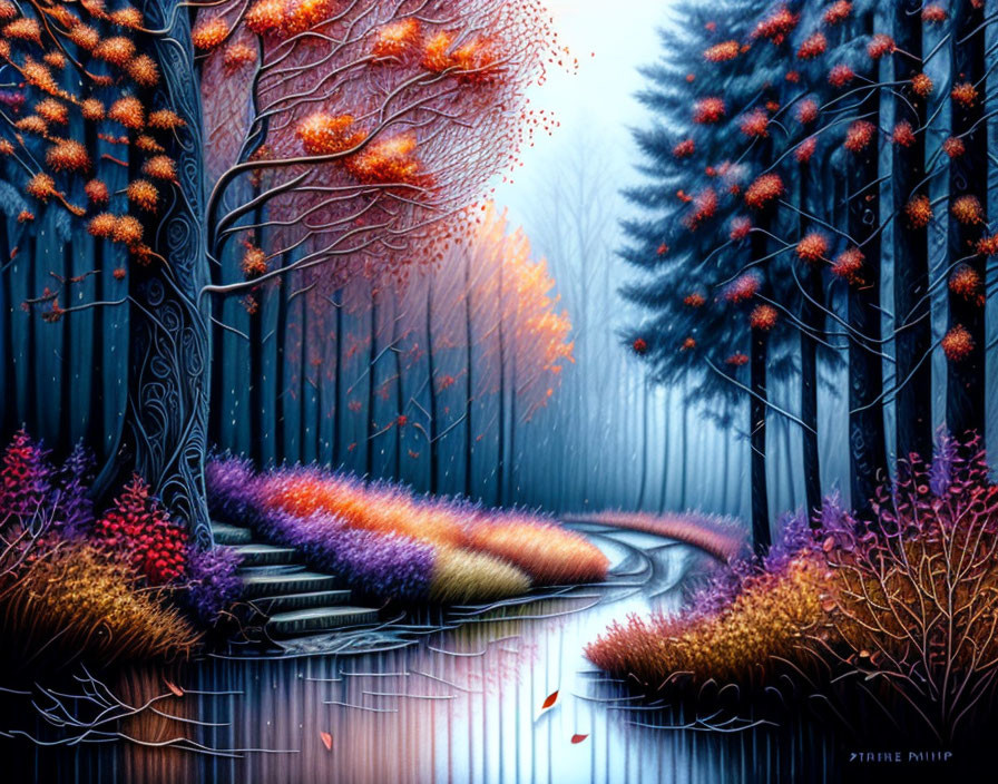 Colorful digital artwork: Mystical forest path with umbrella