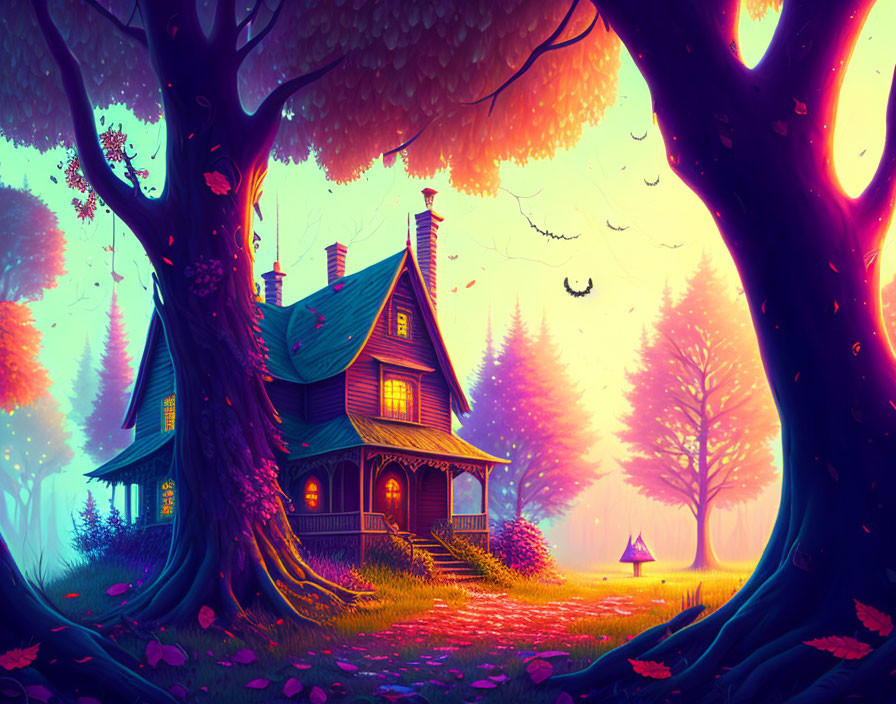 Illustration: Cozy Victorian house in autumn forest under purple twilight sky