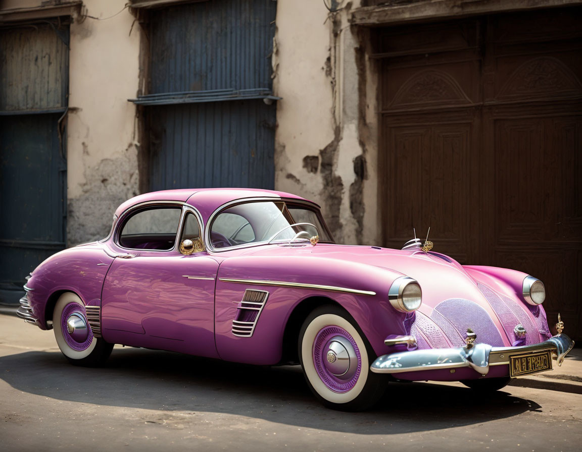 Shiny Purple Classic Car with Chrome Details and Whitewall Tires