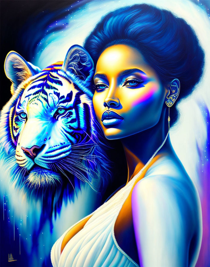 Colorful artwork featuring woman with blue skin and afro hairstyle next to blue tiger's face.