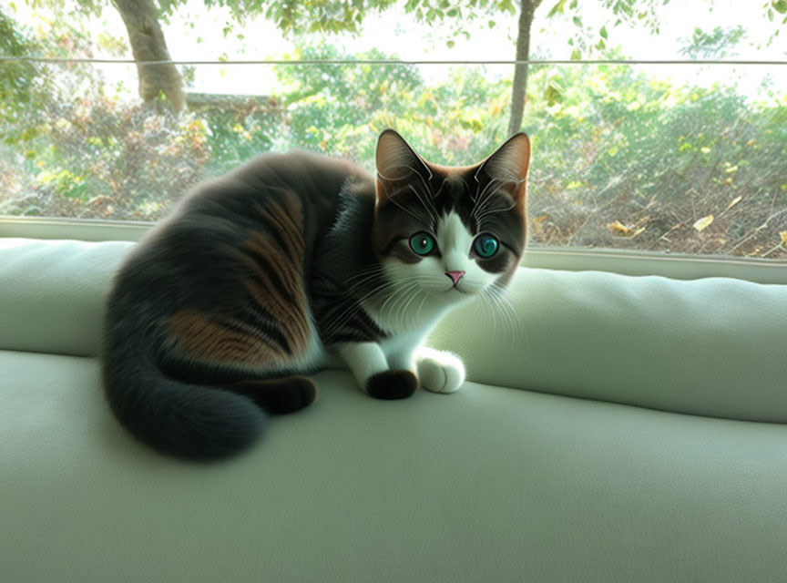 Brown and White Cat with Green Eyes on Cream Sofa by Window and Trees