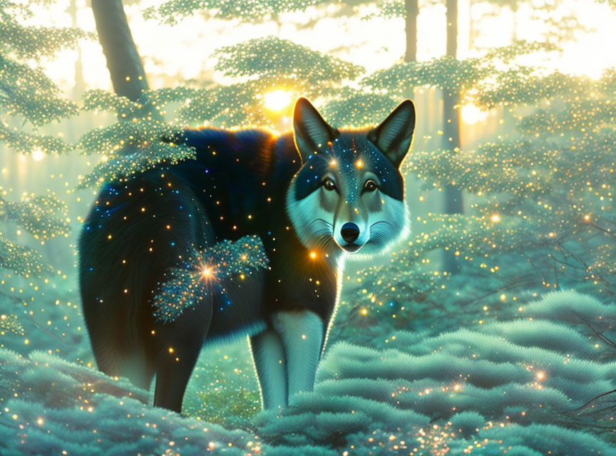 Glowing mystical fox in enchanted forest with dreamy sunlight