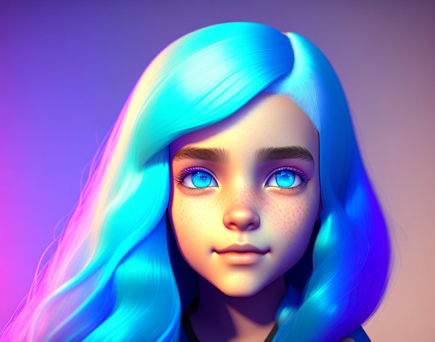 Girl with Luminescent Blue Hair and Striking Blue Eyes on Purple Background