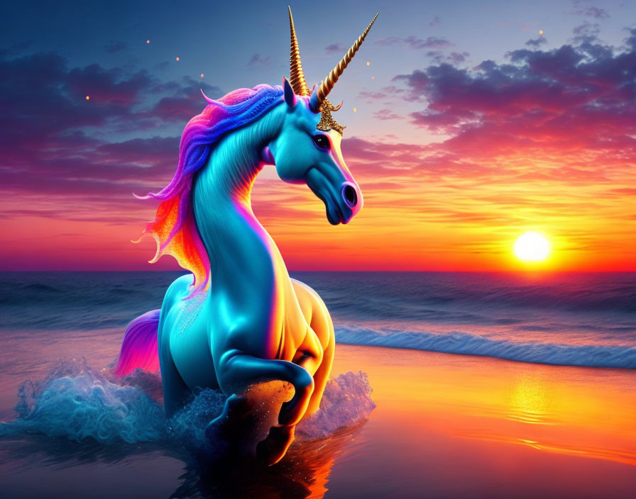 Colorful Unicorn in Ocean Sunset Scene with Pink and Blue Mane