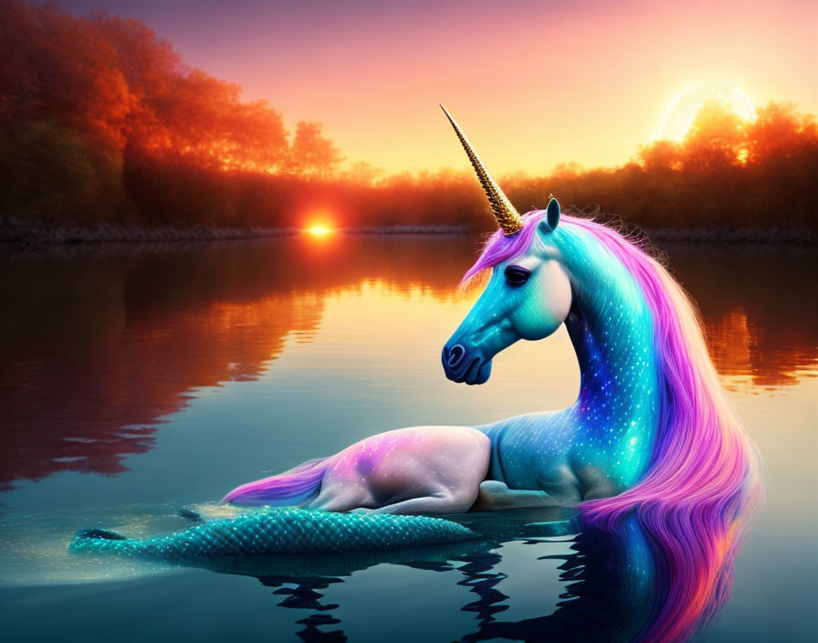 Colorful Unicorn with Mermaid Tail Beside River at Sunset