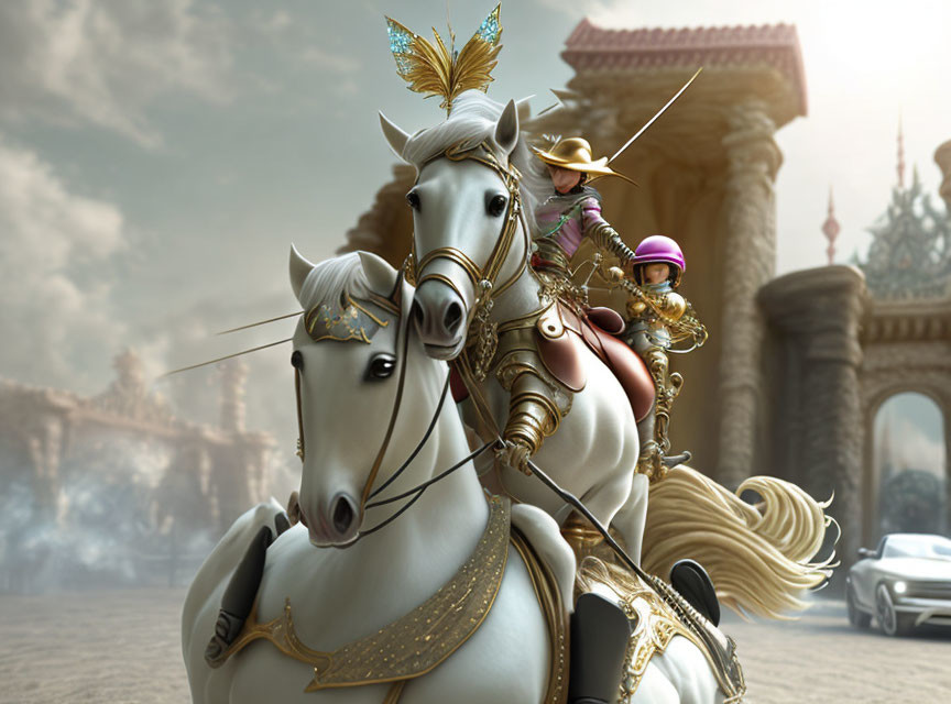 Knight in ornate armor on white horse against castle backdrop