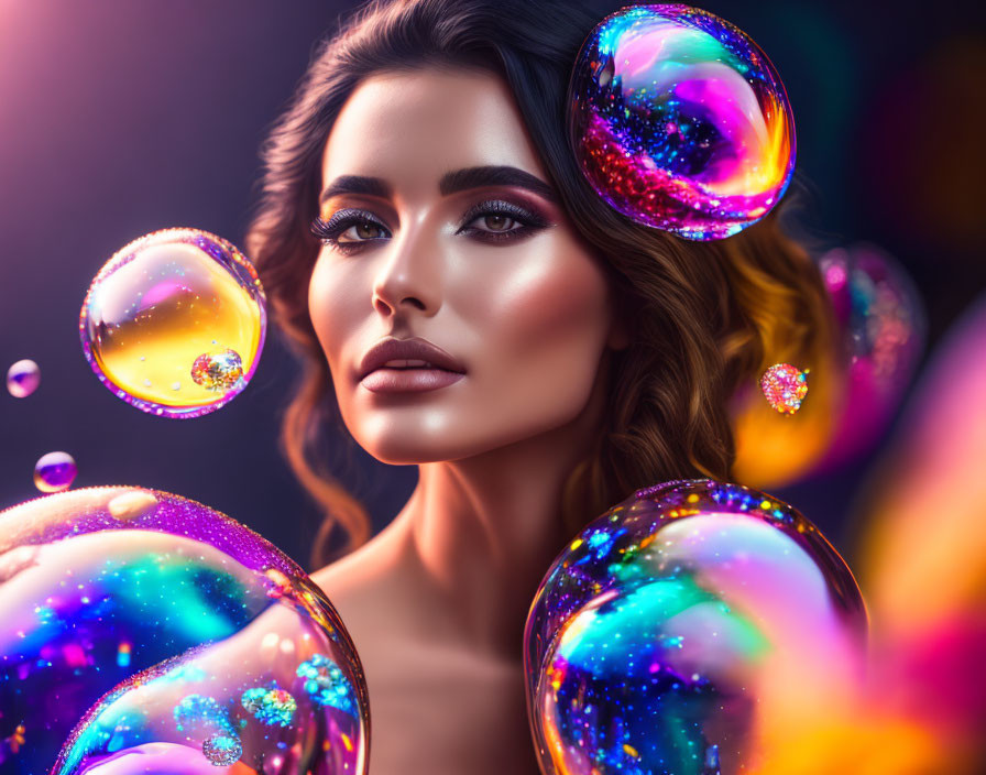 Colorful makeup woman in iridescent bubble environment