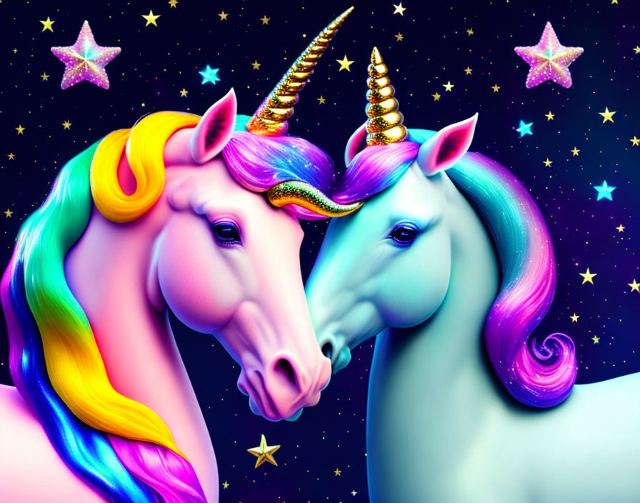 Colorful Stylized Unicorns with Rainbow Manes in Cosmic Night Sky