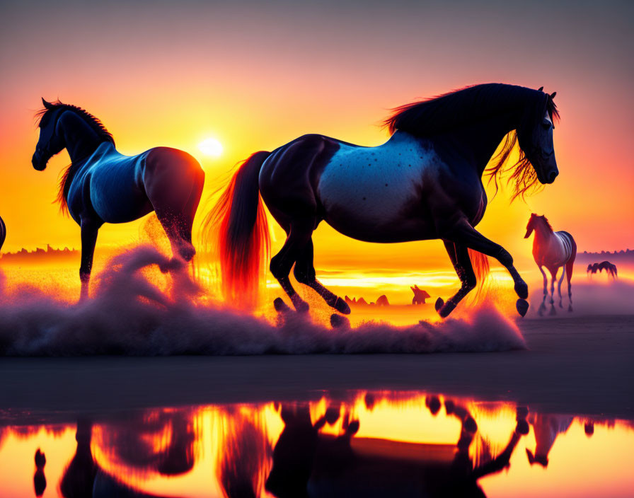 Three horses running on beach at sunset with orange skies.