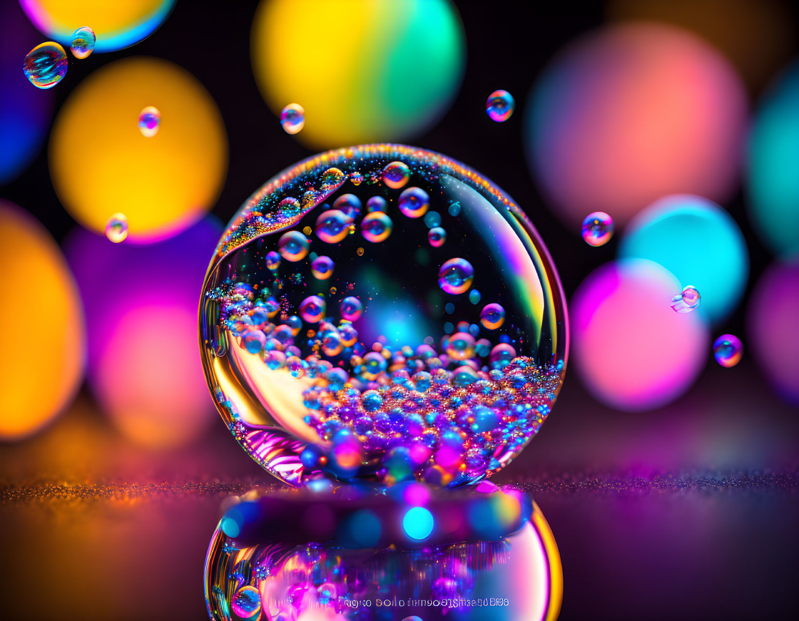 Colorful crystal ball macro shot with bubbles and reflections on bokeh background