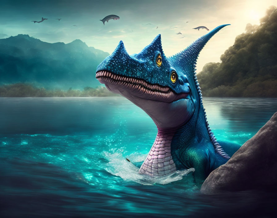 Colorful digital artwork: Blue dinosaur emerges from water with misty landscape and flying pterosaurs